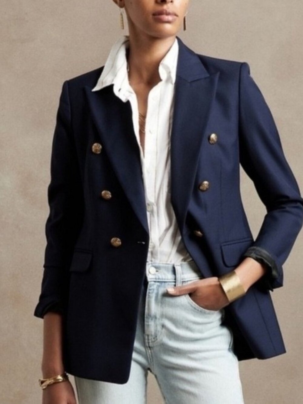 Banana Republic Double-Breasted Captain's Blazer featuring gold buttons